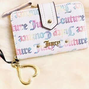 Juicy Couture White Multicolor Logo Zip Wallet with Gold Heart Keyring